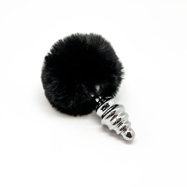 Металева анальна пробка Кролячий хвостик Alive Fluffy Twist Plug M Black, діаметр 3,4 см