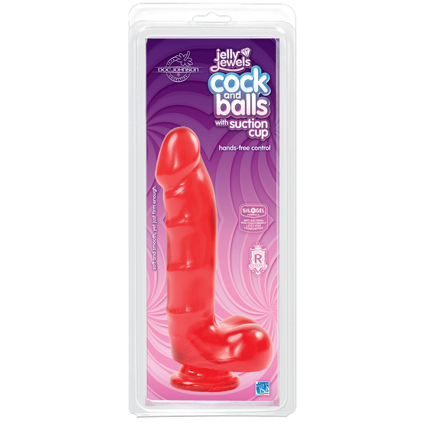 Фаллоимитатор Doc Johnson Jelly Jewels Cock & Balls Red, диаметр 3,6см, антибактериальный ПВХ