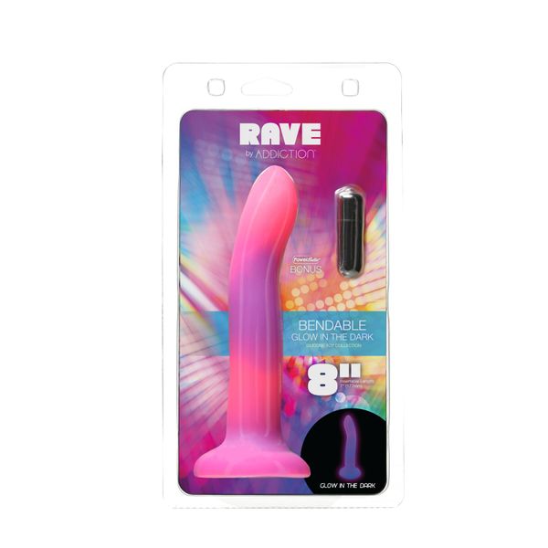 Фалоімітатор, що світиться в темряві, ADDICTION Rave 8″, Glow in the Dark Dildo Pink Purple, 20,3 см